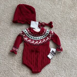 Tahari Holiday Red Knit Baby Bodysuit with Hat, 3-6 months